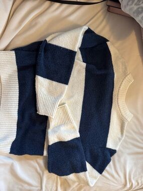 American Eagle Outfitters Navy and Cream Wide-Stripe Crewneck Sweater